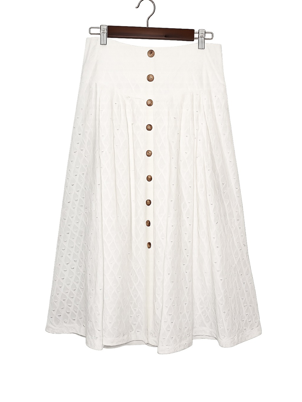 Anthropologie White Eyelet Button Front Midi Skirt | Boho Cottagecore Coastal - Picture 2 of 10